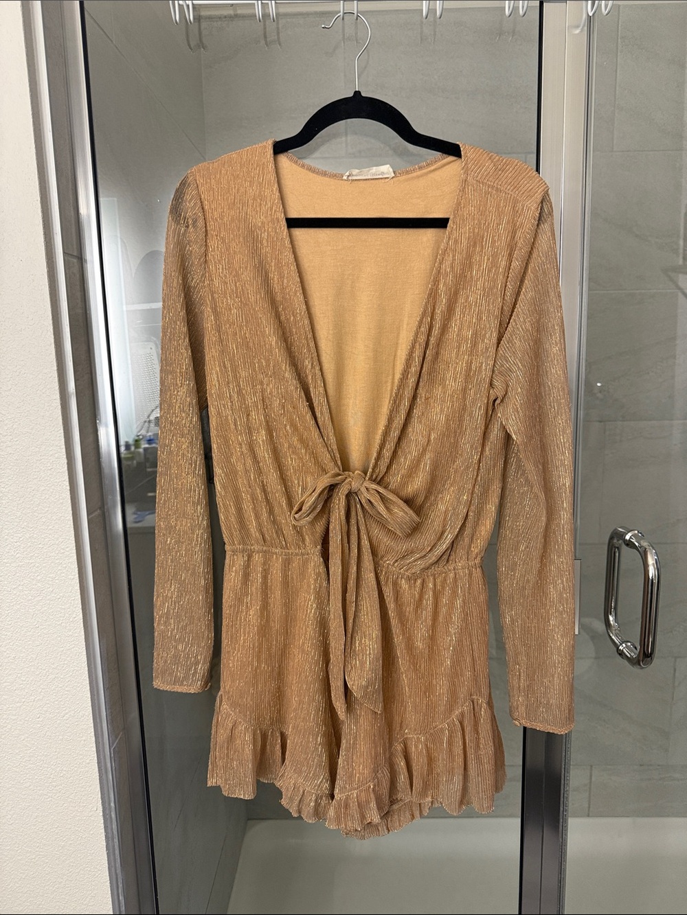 American Threads Shimmery Tie-Front Romper in Metallic Pink